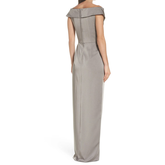 NWT La Femme Surplice Off the Shoulder Column Gown Pewter Size 6 - Picture 3 of 3